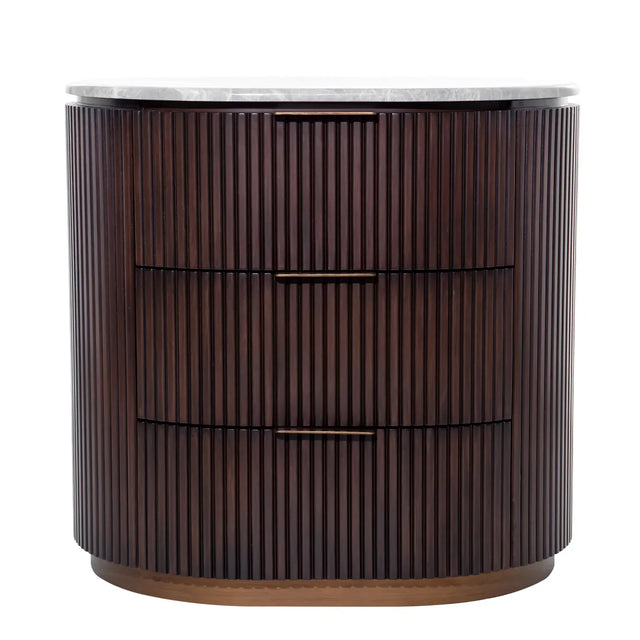 Dark wood three-drawer chest with ribbed texture and marble top | Home Centre Direct UK