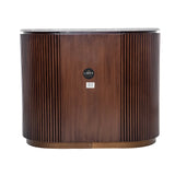 Curved wooden chest with vertical grooves and a smooth top surface.