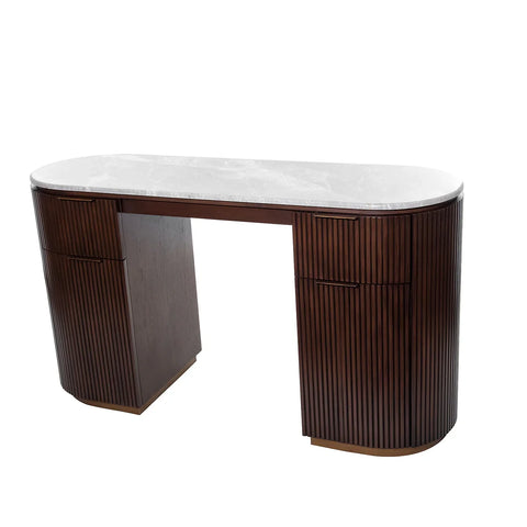Dark wood desk with ribbed texture and a white marble top.