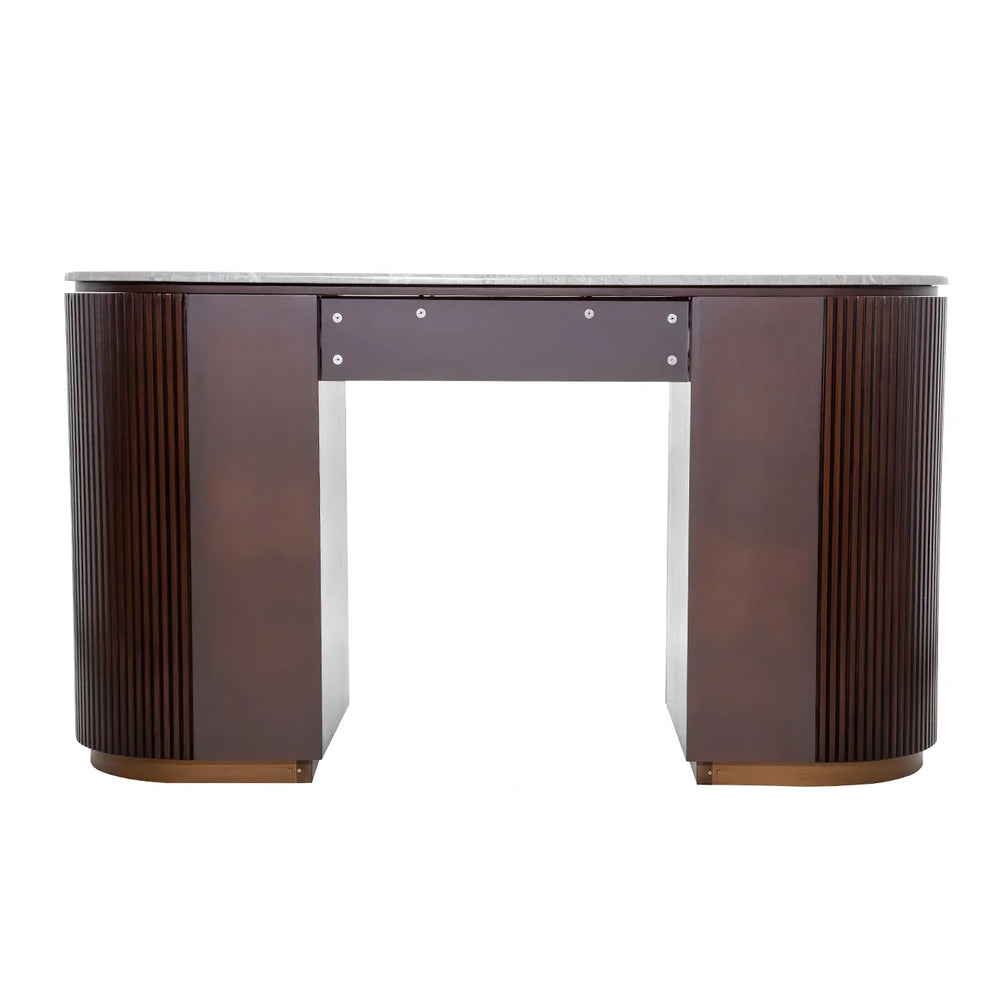 Dark wood desk with curved panel sides and metal accents.
