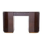Dark wood desk with curved panel sides and metal accents.