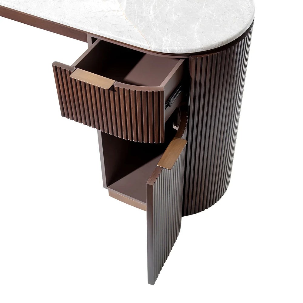 Dark wood desk with open ribbed drawers and marble top.
