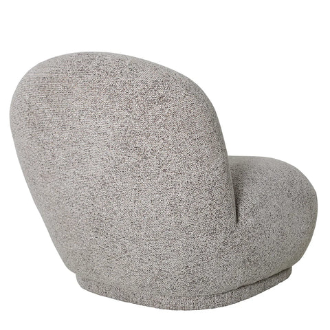 Curved grey chair with textured fabric and rounded backrest.