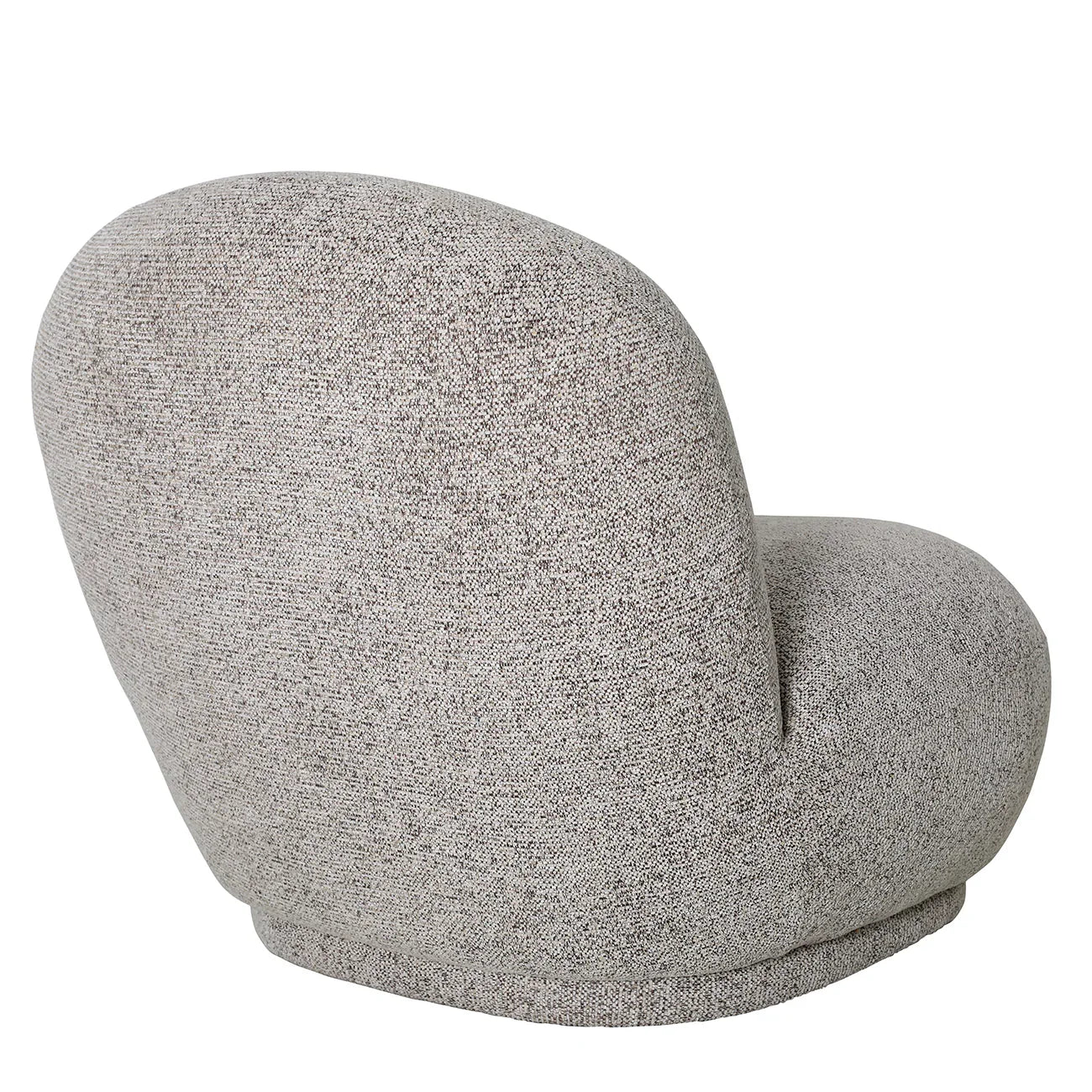 Curved grey chair with textured fabric and rounded backrest.