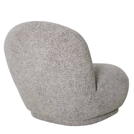 Curved grey chair with textured fabric and rounded backrest.