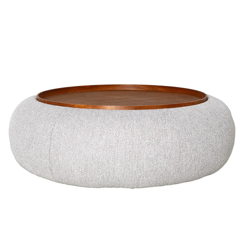 Oatmeal fabric ottoman with wooden top in a modern design | Home Centre Direct UK