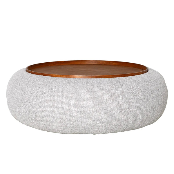 Oatmeal fabric ottoman with wooden top in a modern design | Home Centre Direct UK
