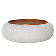 Oatmeal fabric ottoman with wooden top in a modern design | Home Centre Direct UK
