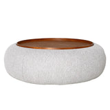 Oatmeal fabric ottoman with wooden top in a modern design | Home Centre Direct UK