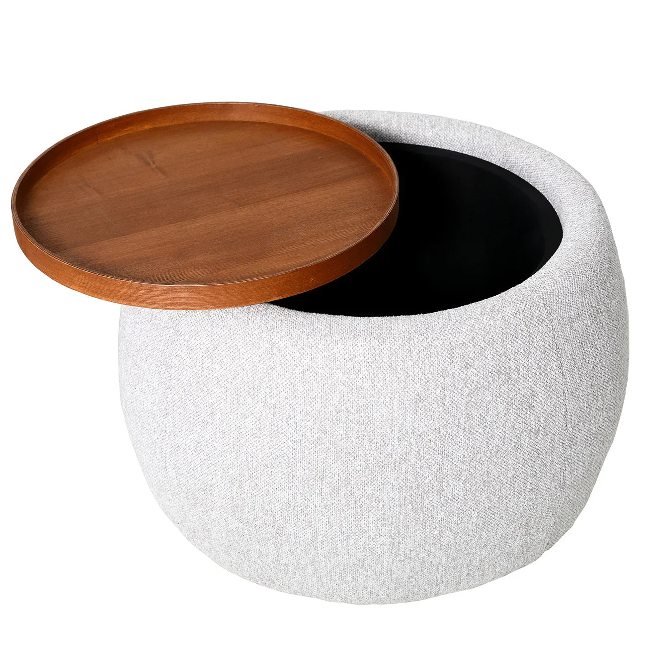 Oatmeal ottoman with wooden tray lid partially open