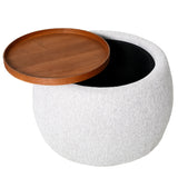 Oatmeal ottoman with wooden tray lid partially open
