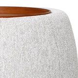 Oatmeal ottoman with textured fabric and wooden top edge.
