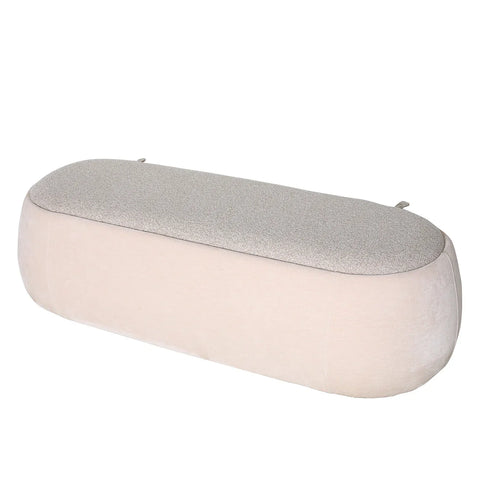 Beige and grey oval bench with a textured fabric top.
