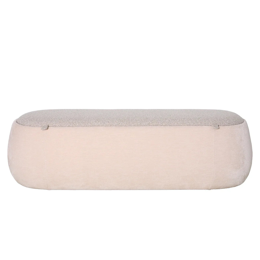 Beige upholstered bench with a textured top in a minimalist design.
