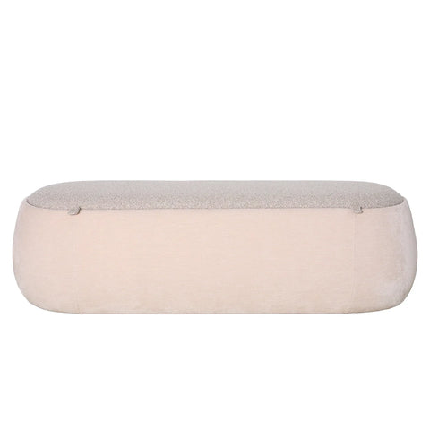 Beige upholstered bench with a textured top in a minimalist design.