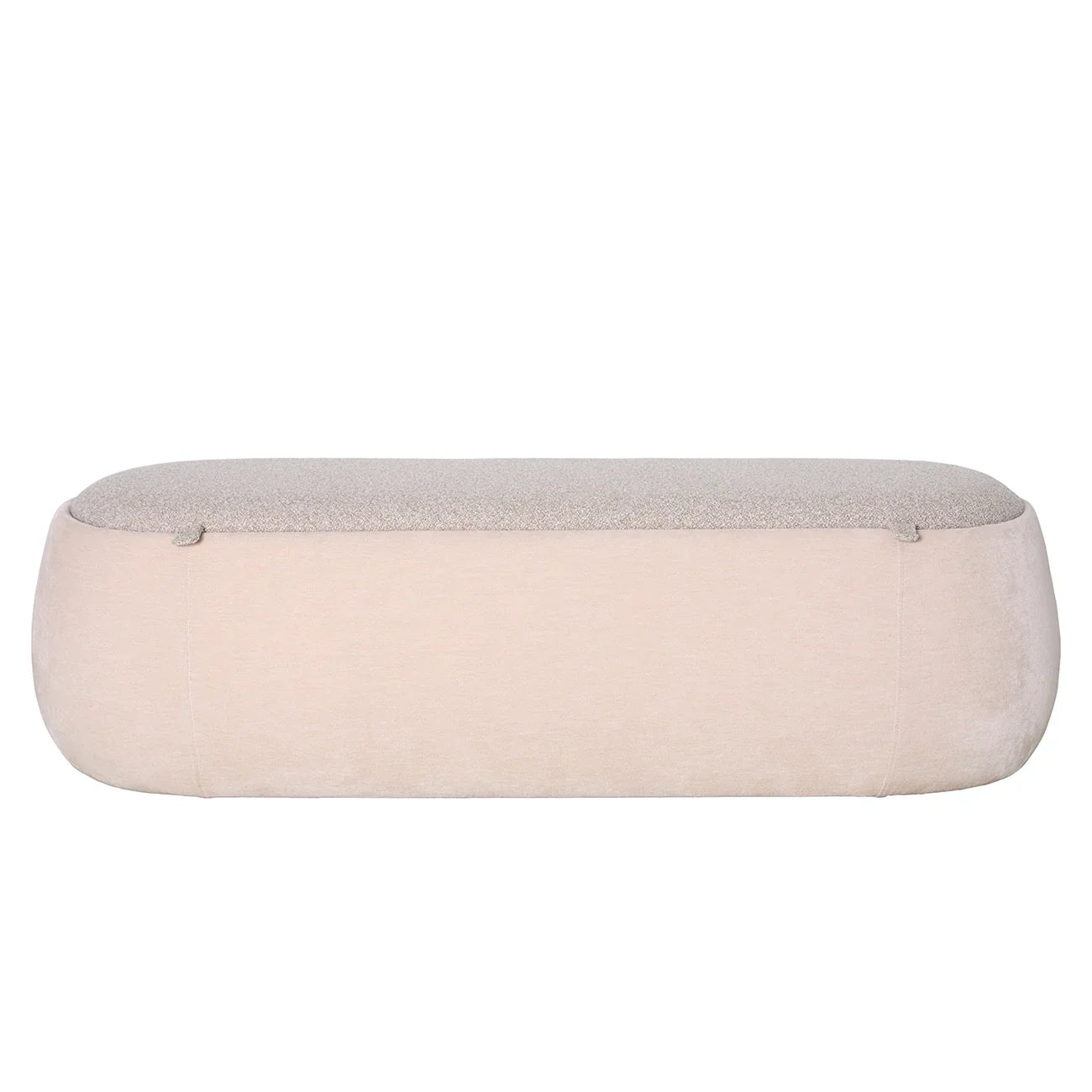 Beige upholstered bench with a textured top in a minimalist design.
