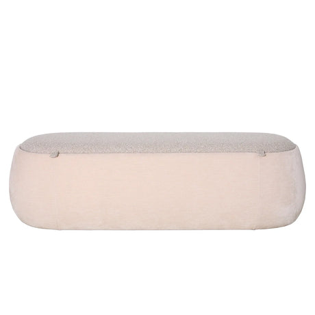 Beige upholstered bench with a textured top in a minimalist design.