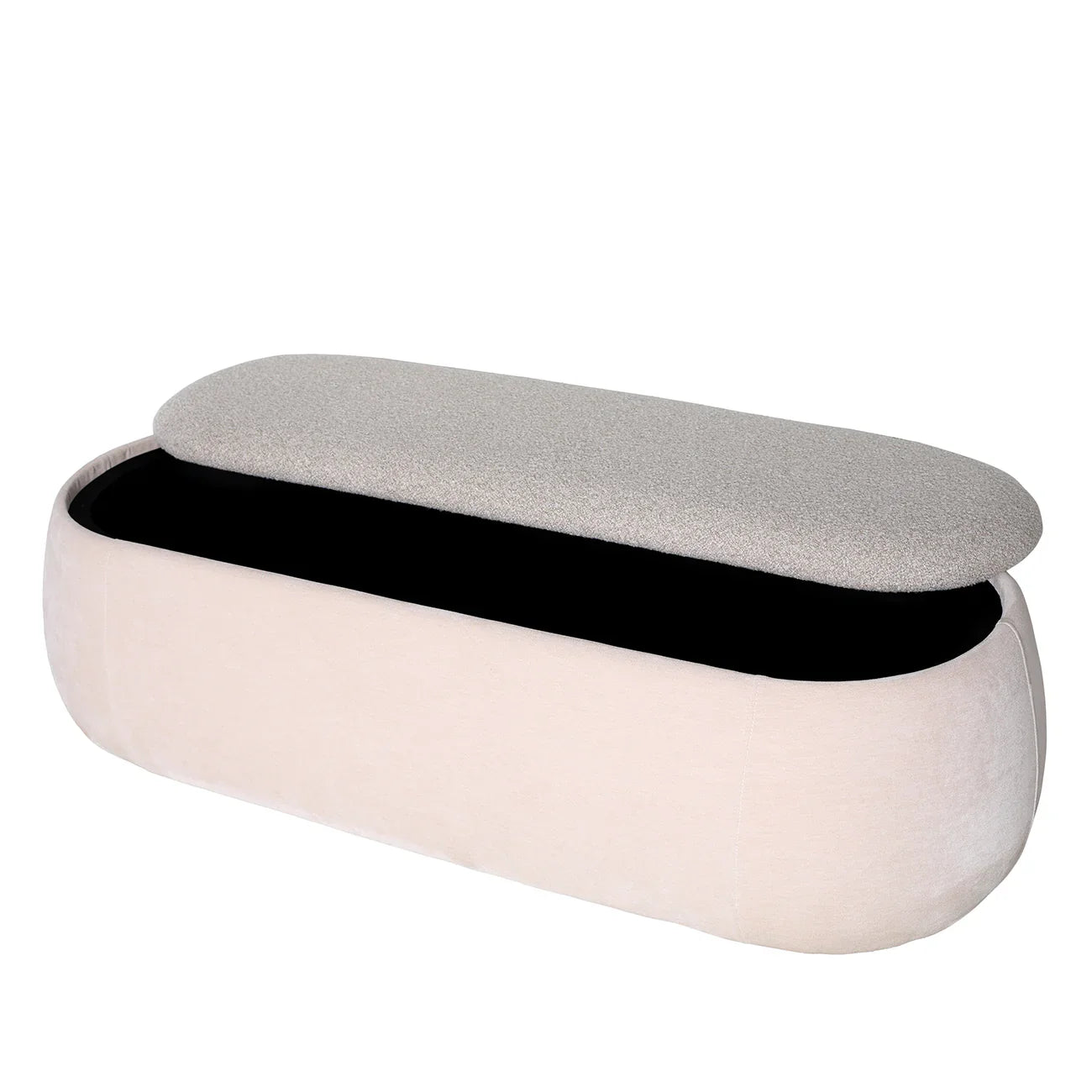 Beige storage bench with open lid revealing interior space.