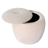 Beige round storage stool with open textured lid.
