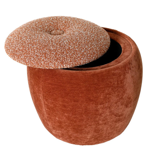 Terracotta stool with textured lid partially open, revealing storage space inside.