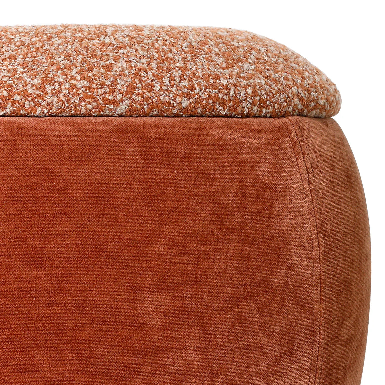Terracotta stool with textured fabric top and smooth velvet side.