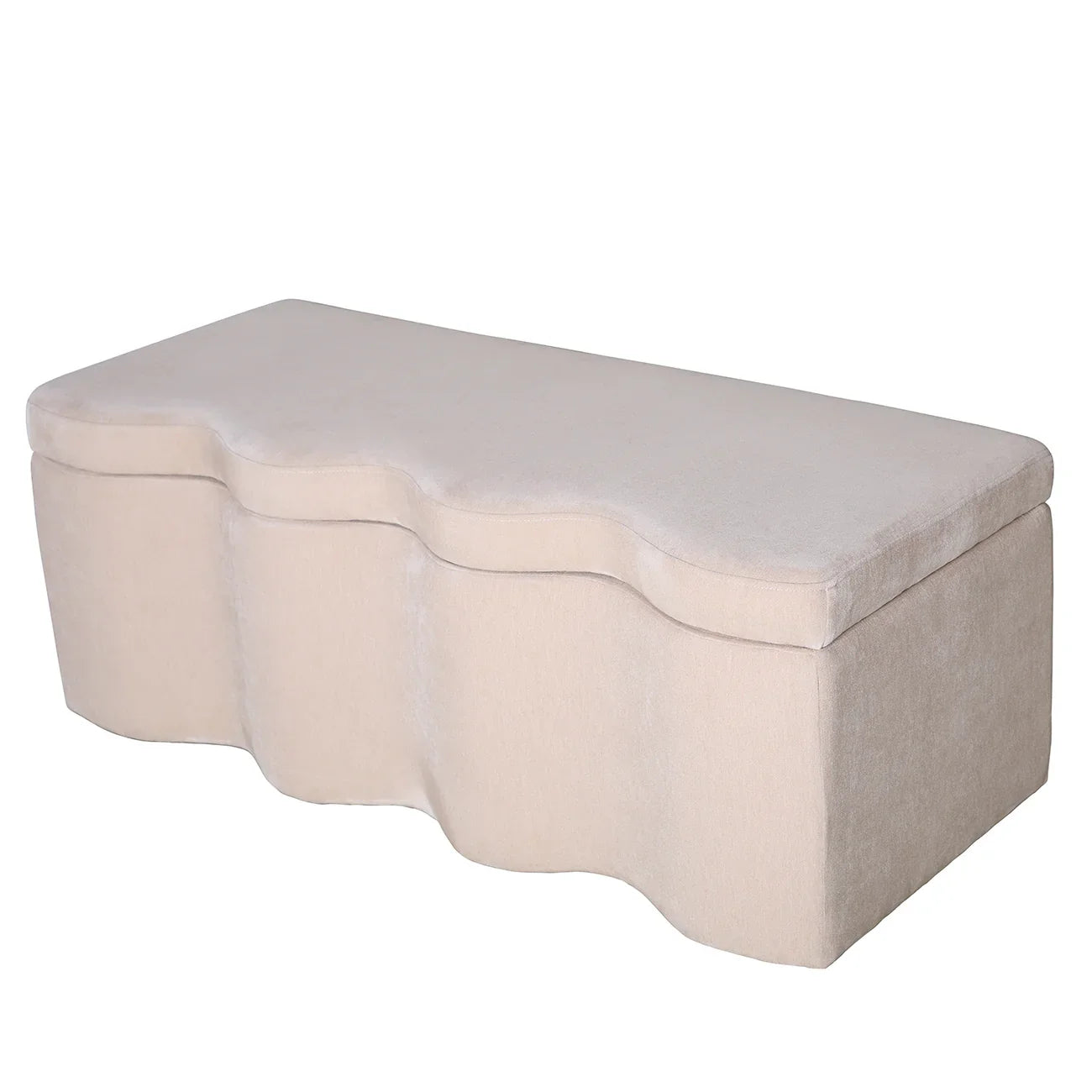 Beige storage bench with a wavy front design and soft fabric finish.