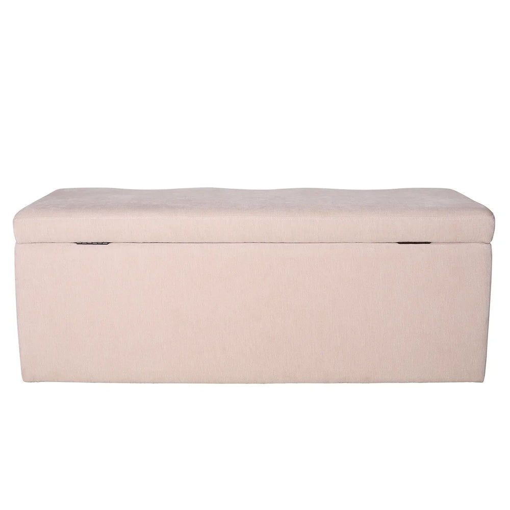 Beige upholstered bench with a hinged lid for storage.