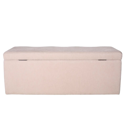 Beige upholstered bench with a hinged lid for storage.