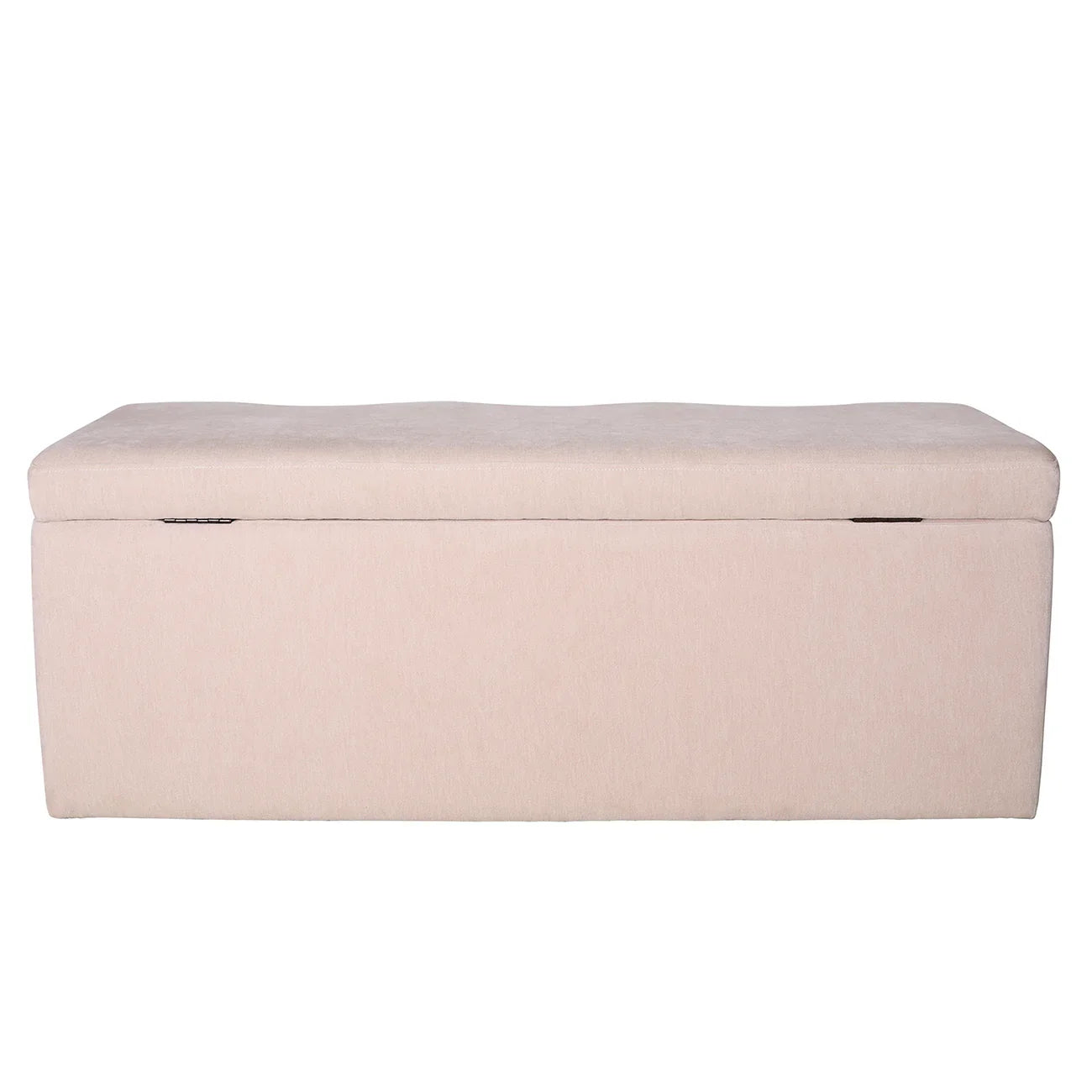 Beige upholstered bench with a hinged lid for storage.