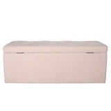 Beige upholstered bench with a hinged lid for storage.
