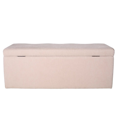Beige upholstered bench with a hinged lid for storage.