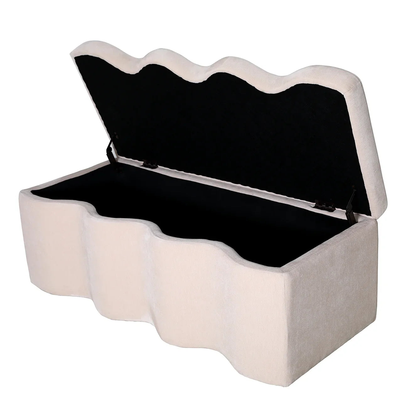 Cream fabric bench with wavy edges and open lid showing storage space.