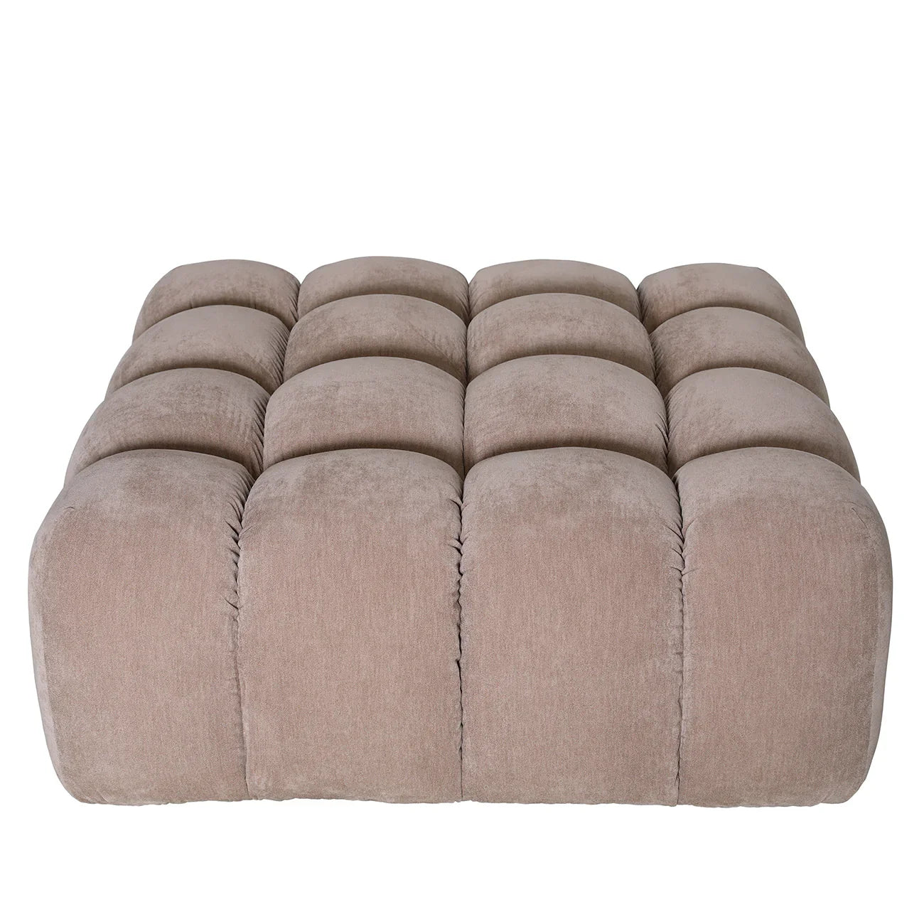 Beige tufted pouf with a soft, plush texture.