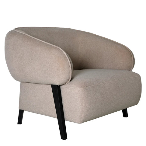 Beige upholstered chair with curved backrest and black angled legs.