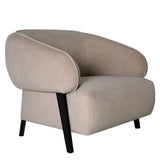 Beige upholstered chair with curved backrest and black angled legs.
