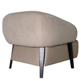 Beige fabric chair with curved back and dark wooden legs.