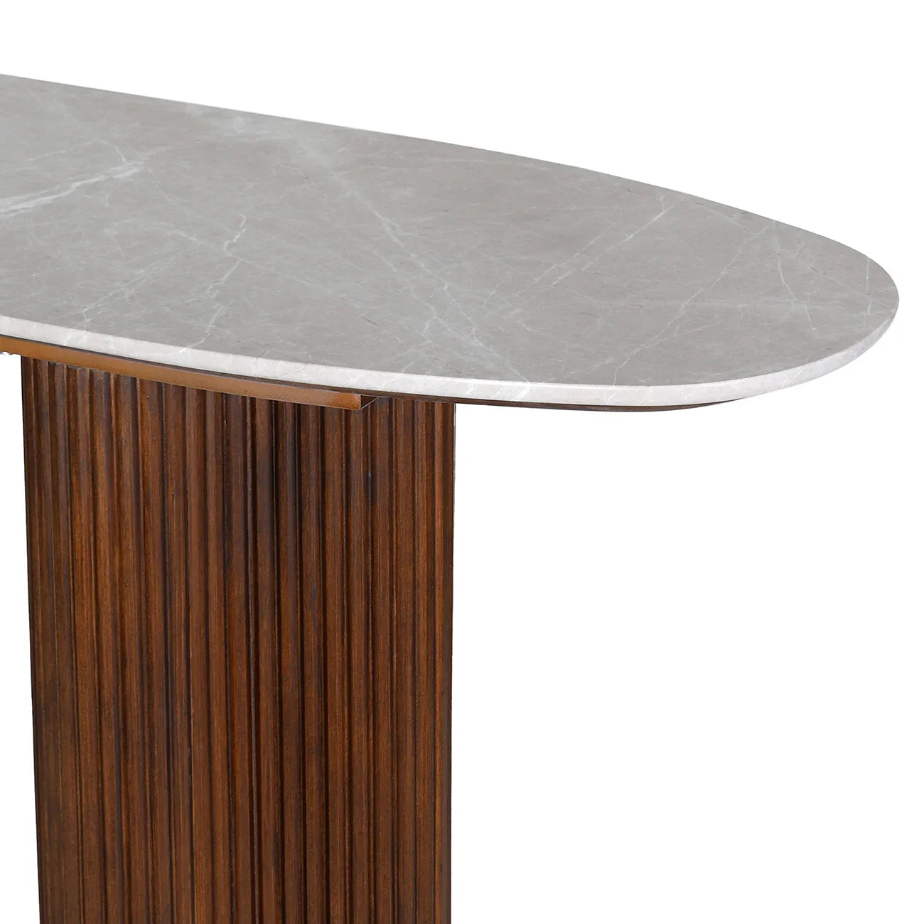 Grey marble tabletop with a ribbed wooden base detail.
