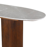 Grey marble tabletop with a ribbed wooden base detail.