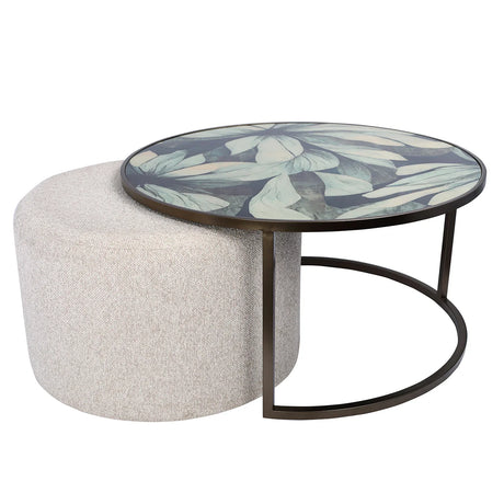 Round glass table with leaf design and textured beige pouffe | Home Centre Direct UK