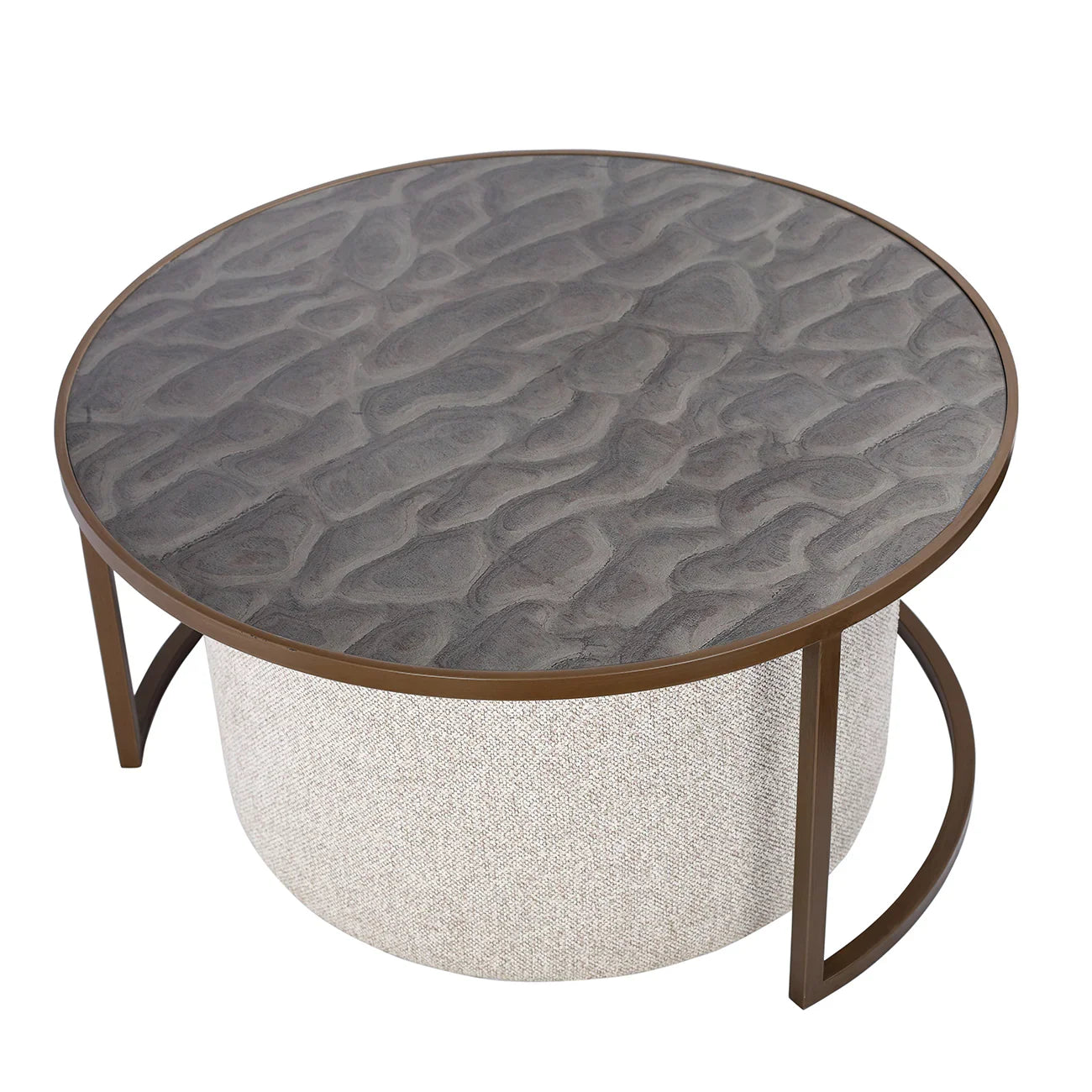 Round coffee table with textured gray top and woven base.