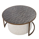 Round coffee table with textured gray top and woven base.