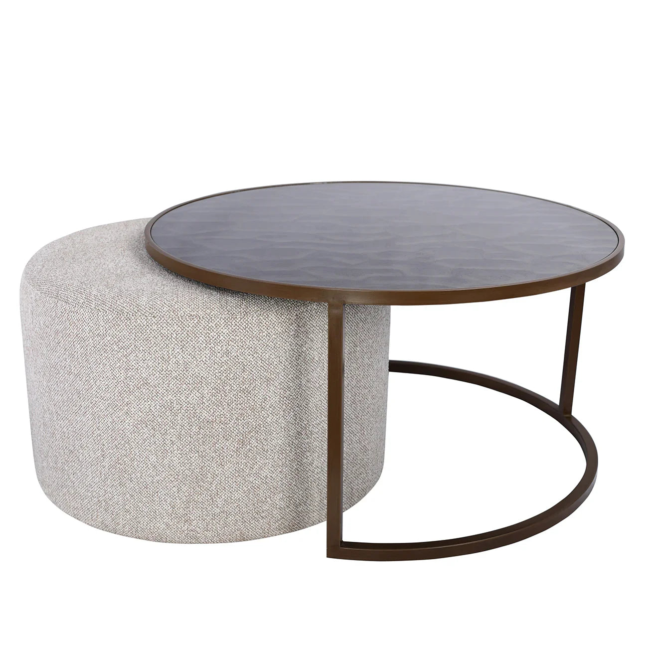 Brown round coffee table with textured top and beige nesting pouffe | Home Centre Direct UK