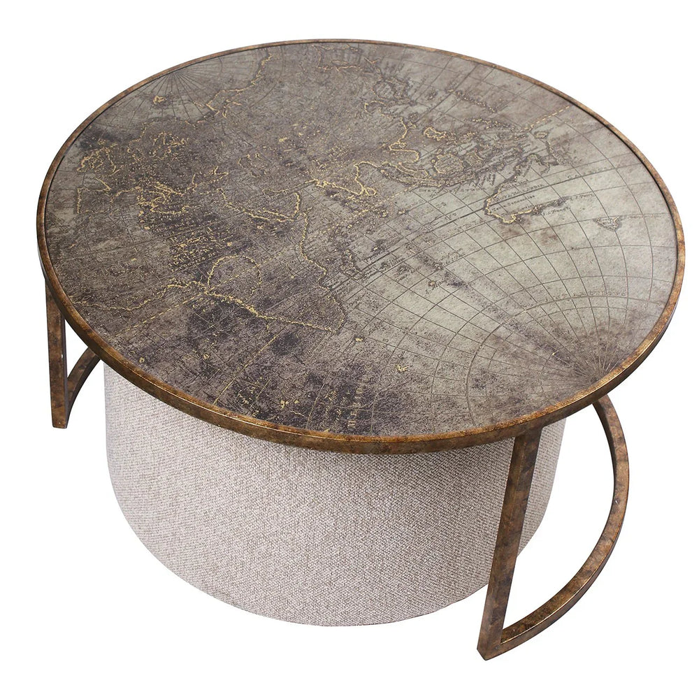 Round coffee table with vintage map design on top and textured base.