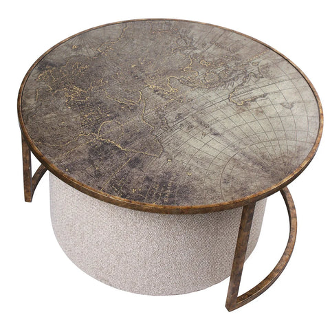Round coffee table with vintage map design on top and textured base.