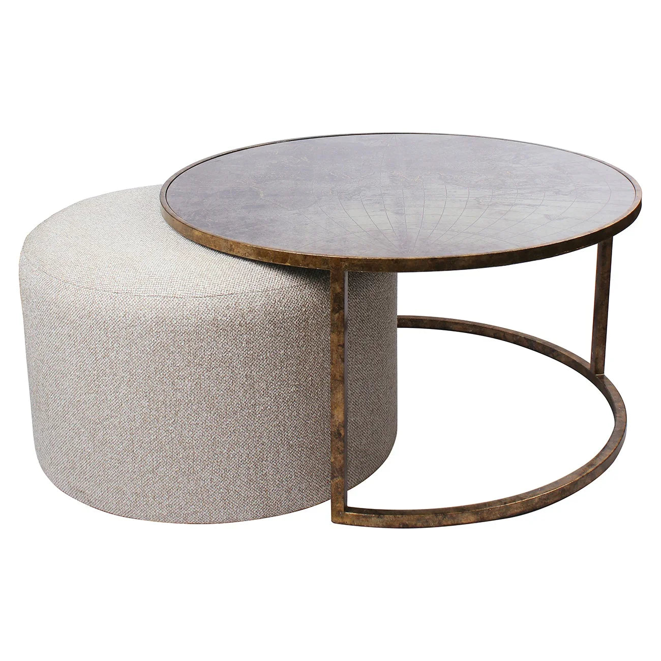 Brown metal round coffee table with beige textured pouffe | Home Centre Direct UK