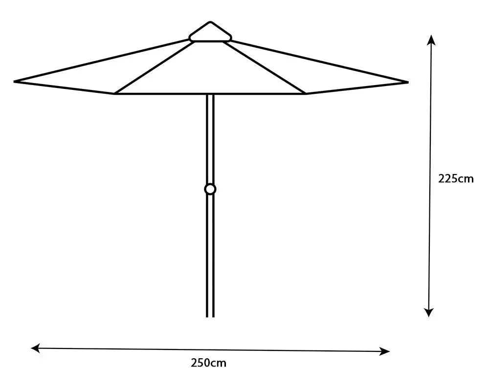 Ivory 2.5m crank tilt parasol line drawing with 250cm width and 225cm height dimensions