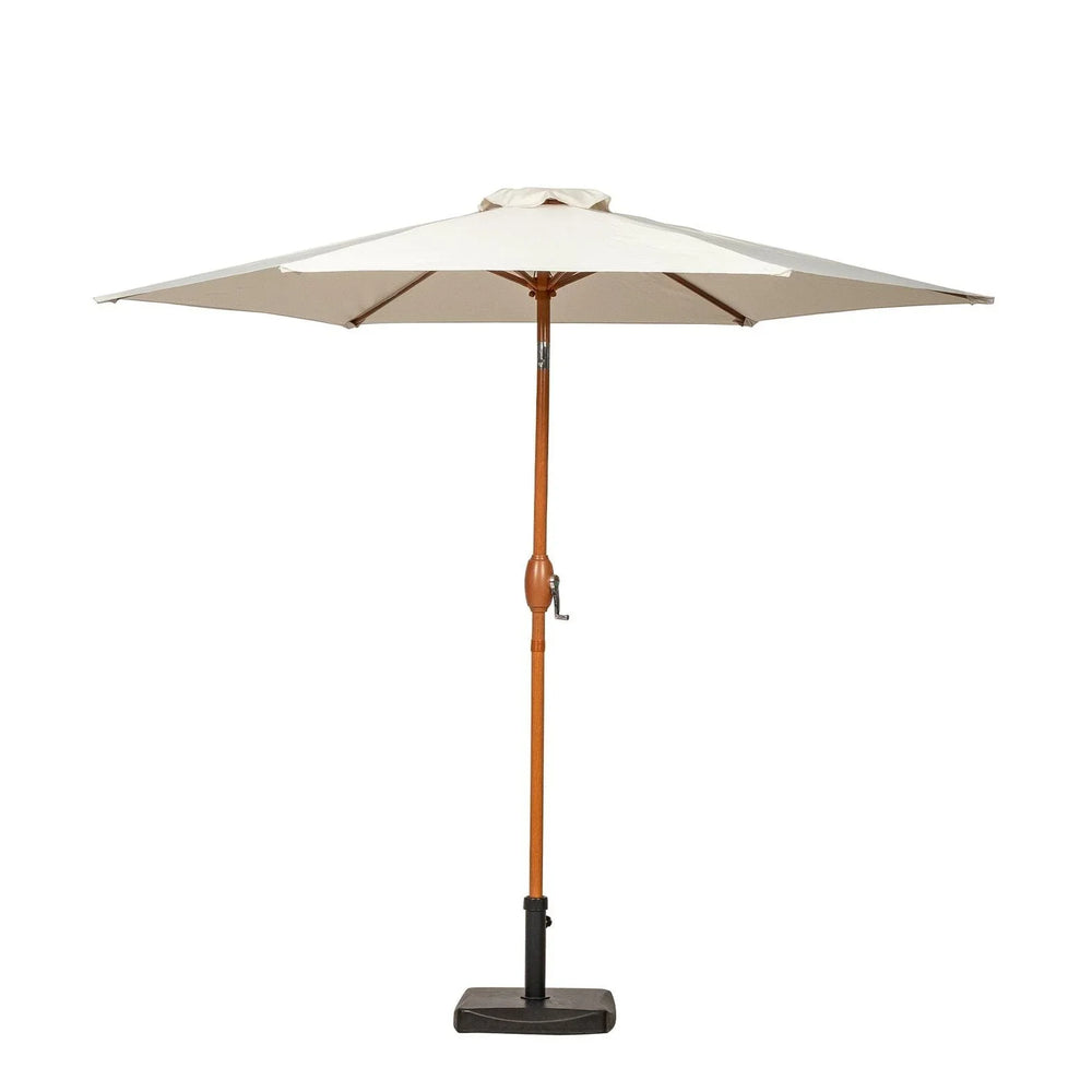 Beige garden parasol with wooden pole and crank handle on sturdy black base