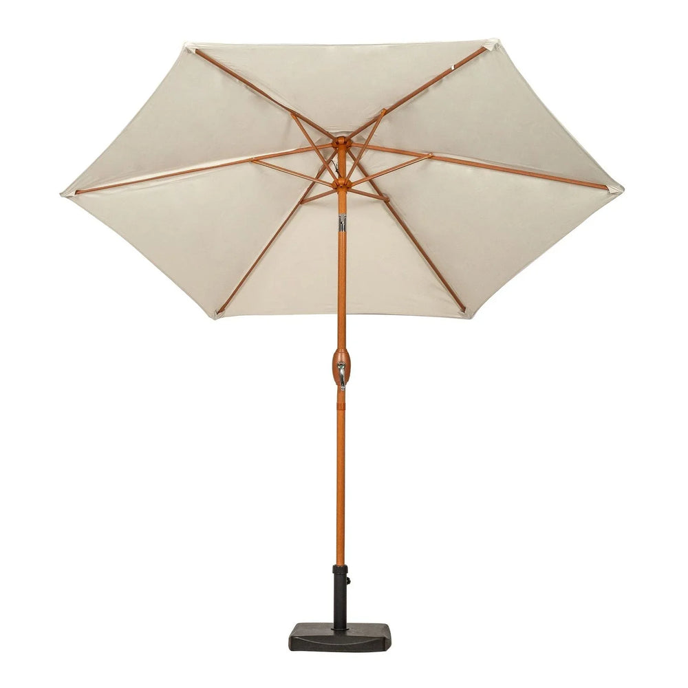 Beige garden parasol with wooden pole and square base, front view