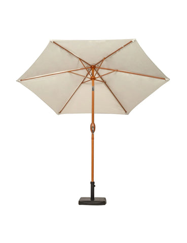 Beige garden parasol with wooden pole and square base, front view