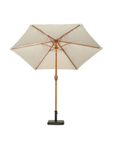 Beige garden parasol with wooden pole and square base, front view